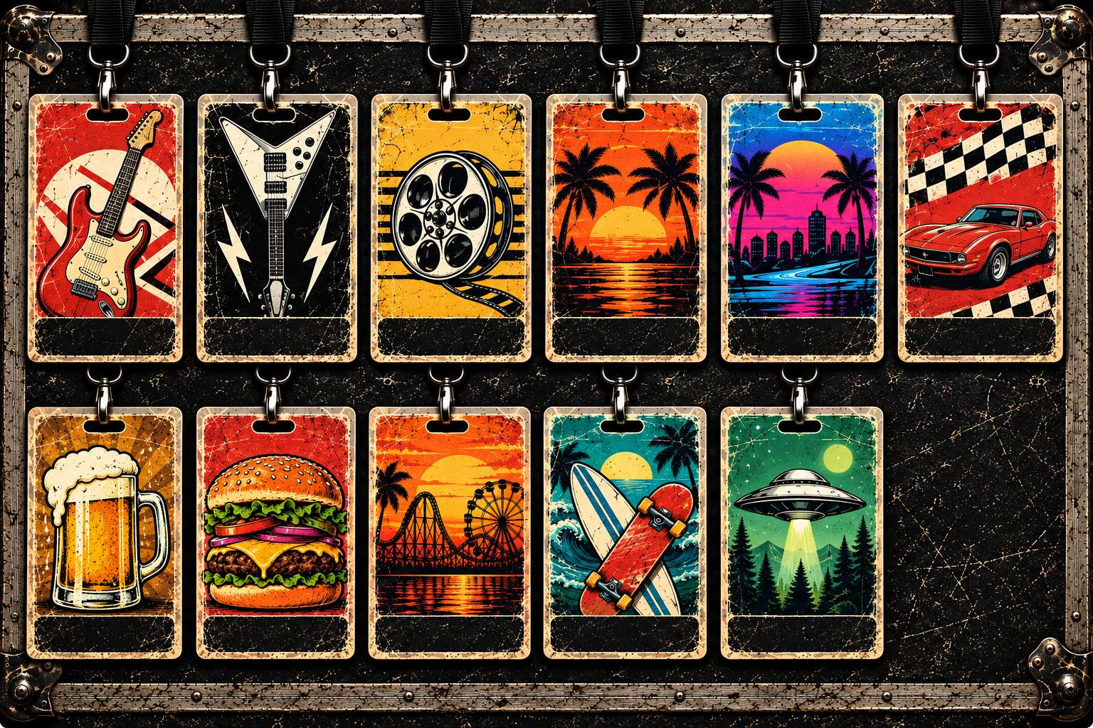 Eleven vintage backstage category passes in two rows, with space for a future category